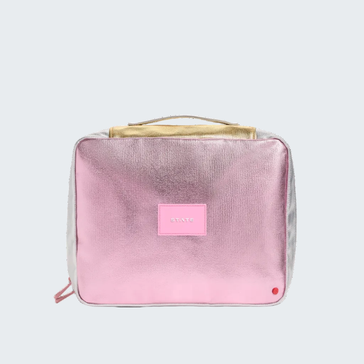 A metallic pink zippered travel pouch with a gold top handle and a pink brand label reading 'VINTO' on the front, set against a plain white background.