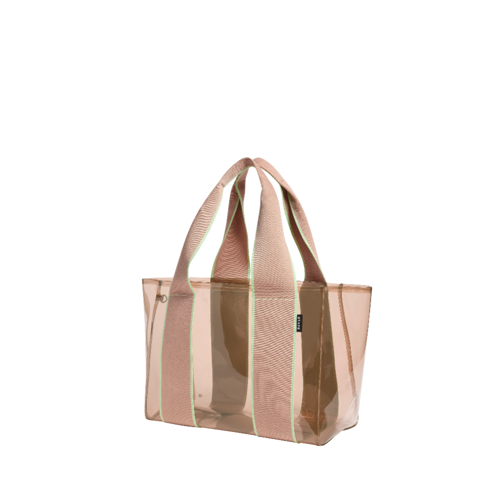 Clear tote bag with pink straps on a white background