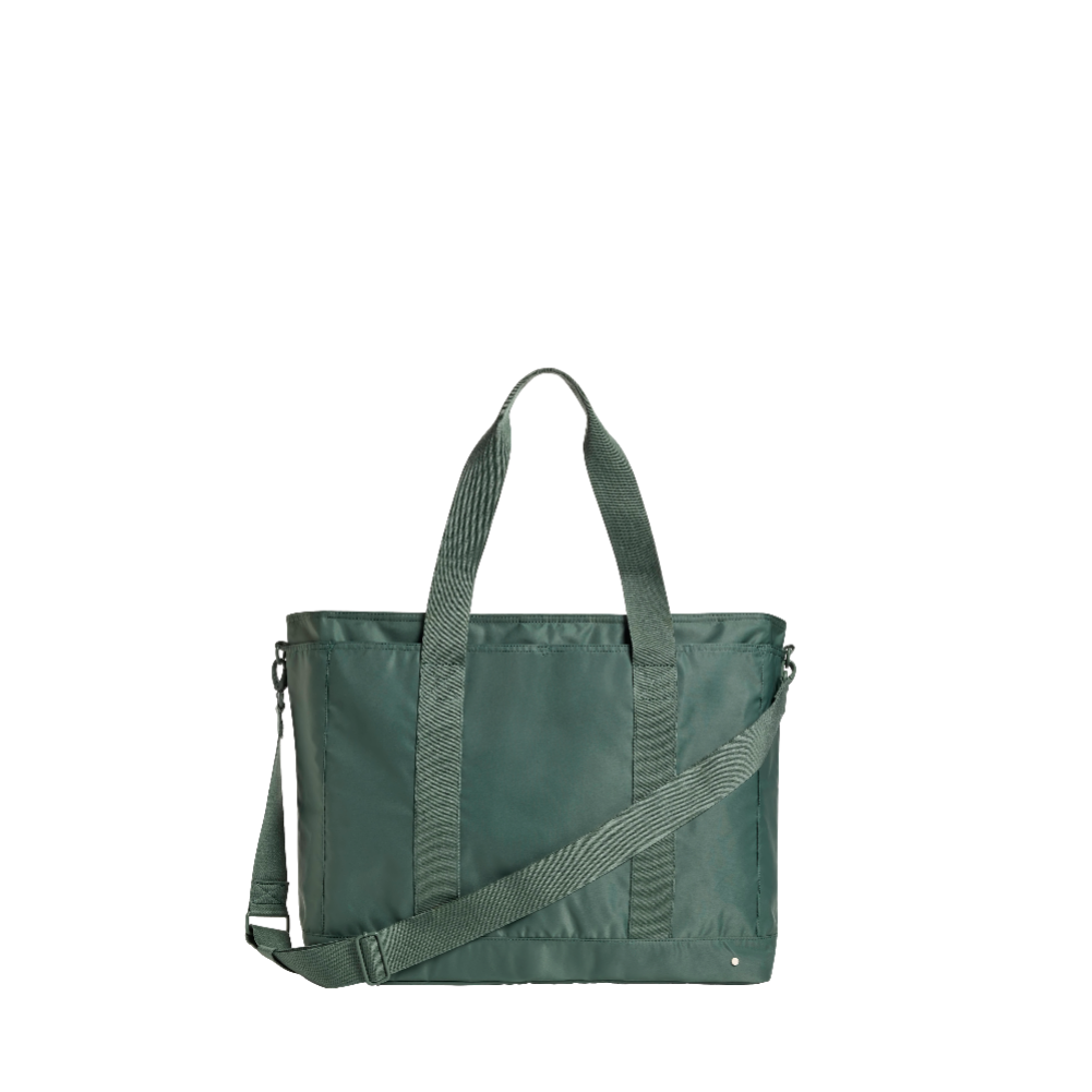 Green tote bag with a shoulder strap on a white background