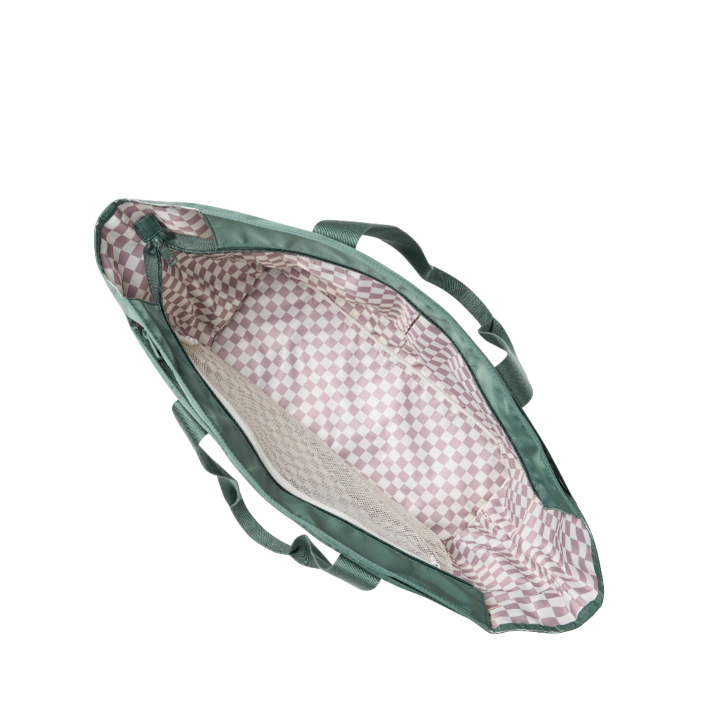 Green and patterned baby seat cover on a white background