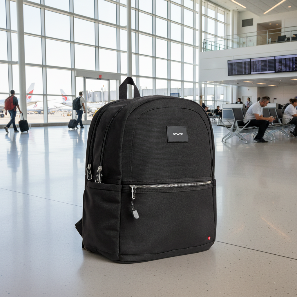 Black backpack with visible brand logo on a white background
