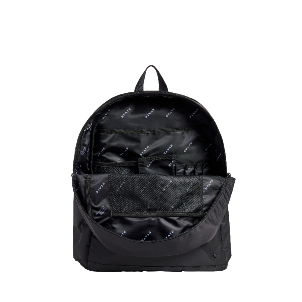 Black backpack with brand logo on a white background