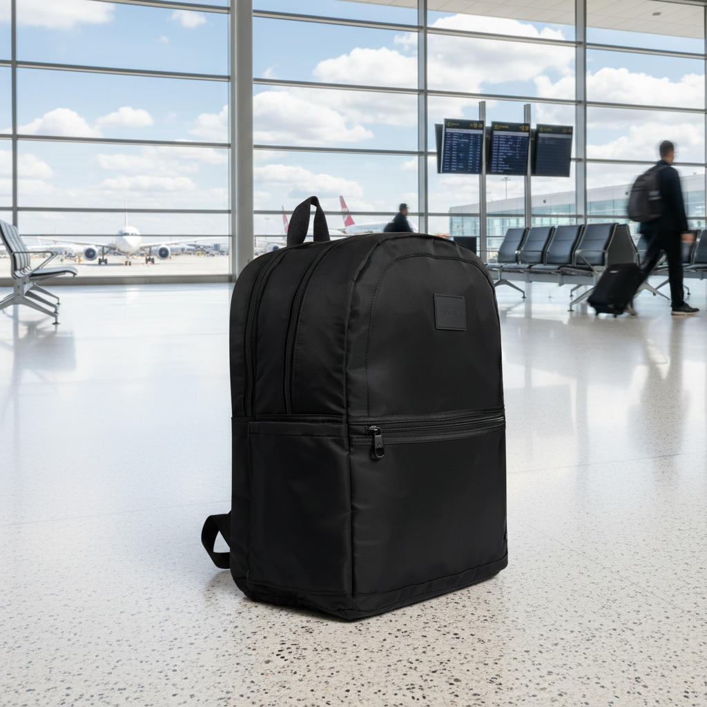 Black backpack on a white background
