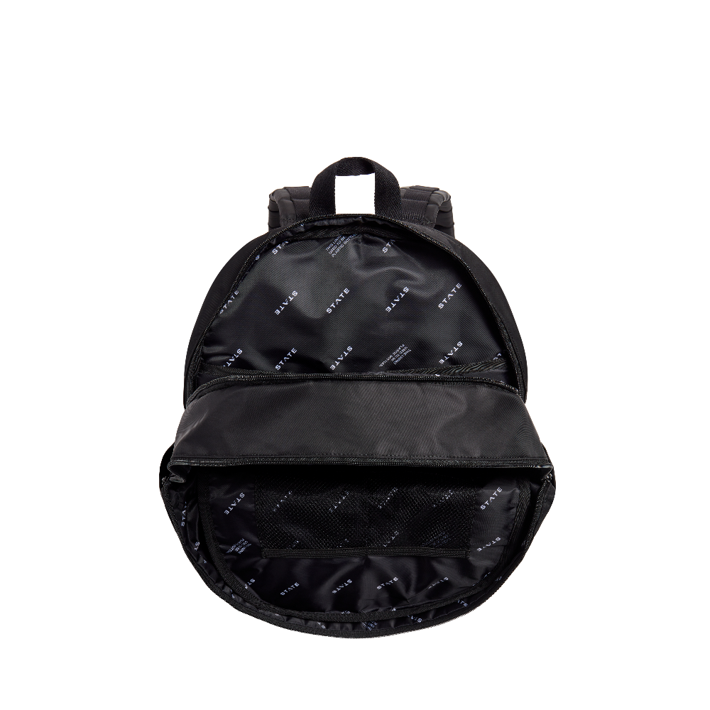 Black backpack with brand logo on a white background