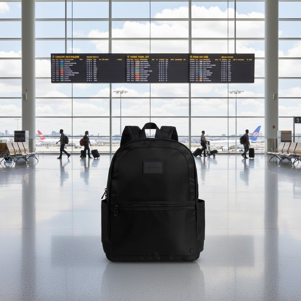 Black backpack on a light gray background