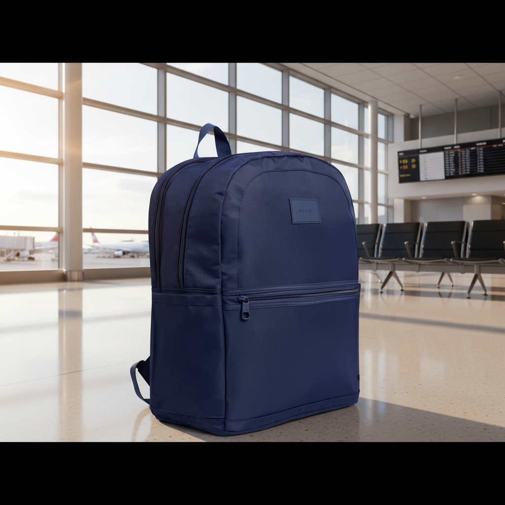 Navy blue backpack on a white background