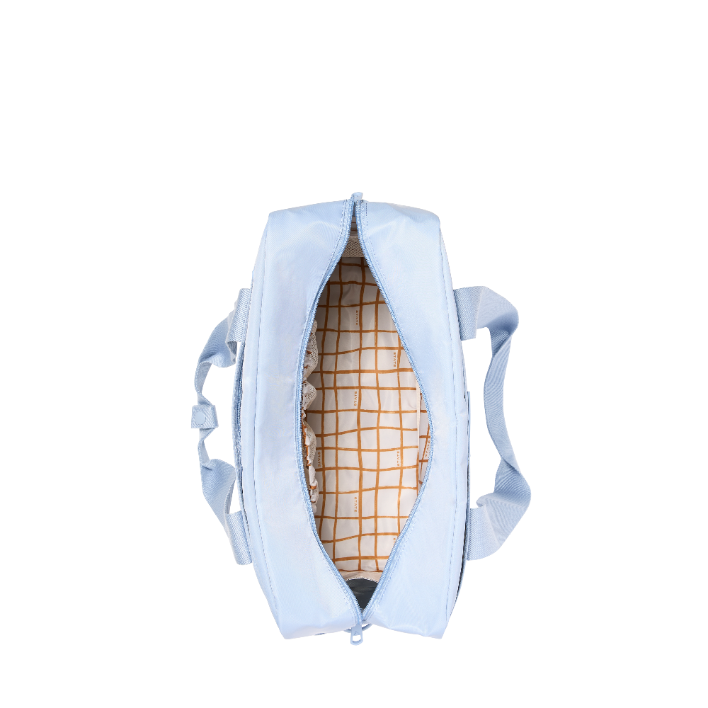 Light blue backpack with a checkered interior on a white background