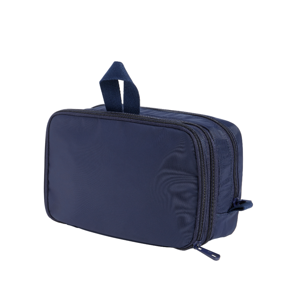 Navy blue toiletry bag on a white background