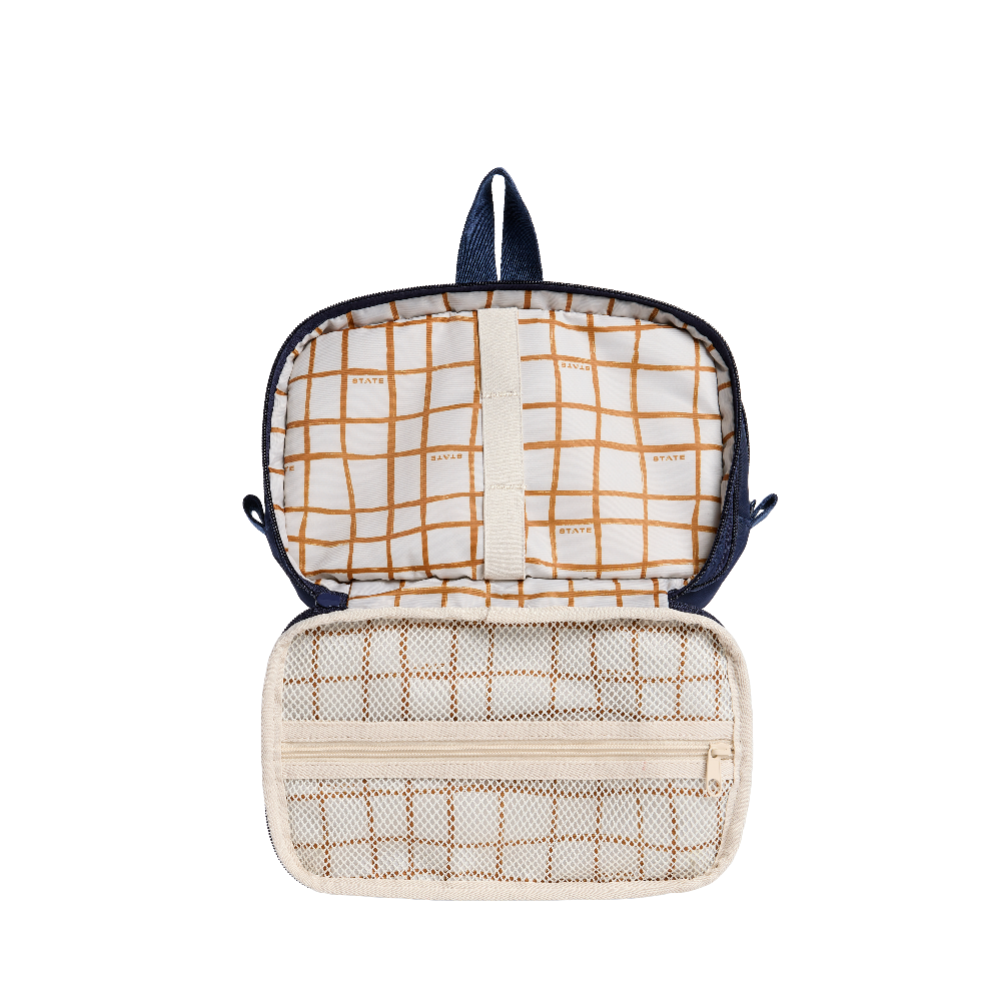 Travel pouch with grid pattern on a white background
