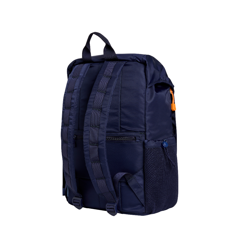 Navy blue backpack with orange accents on a white background