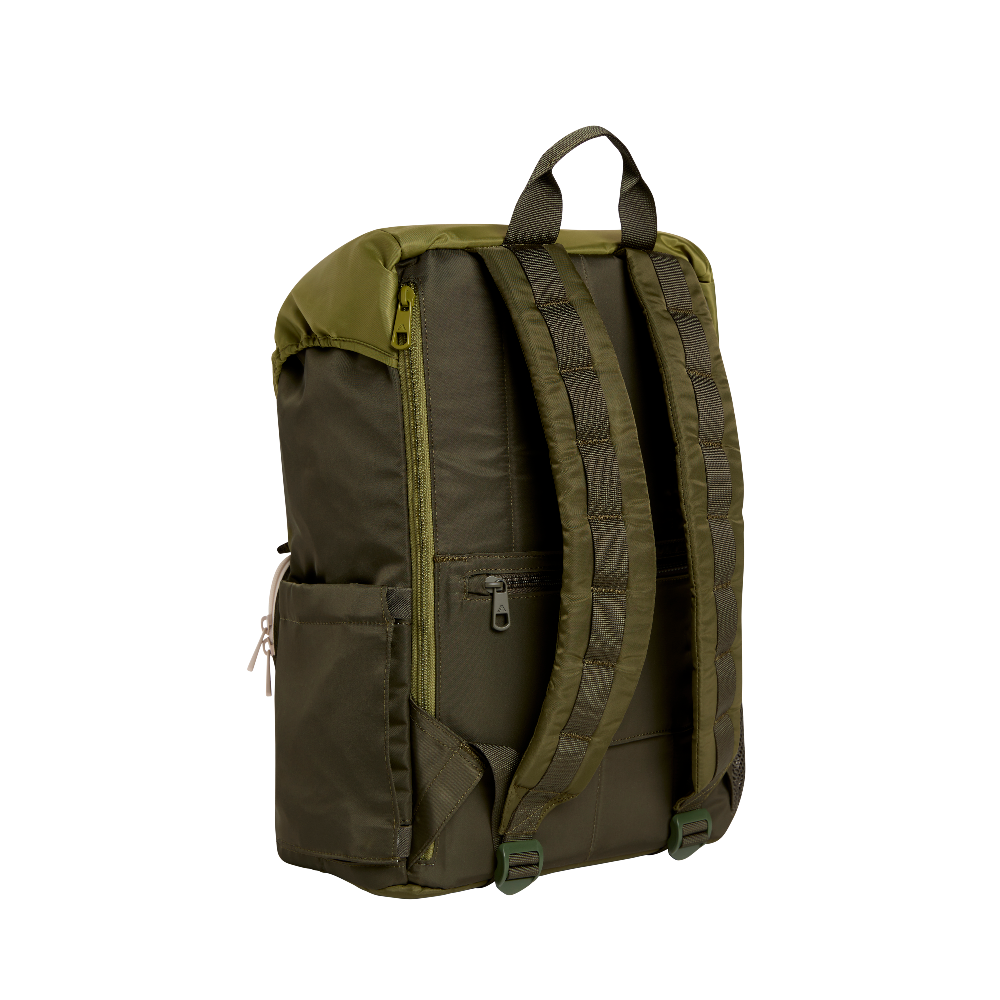 Green backpack on a white background