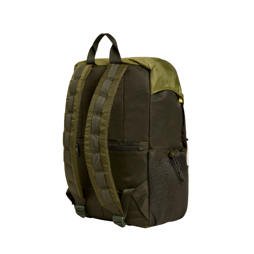 Green and brown backpack on a white background
