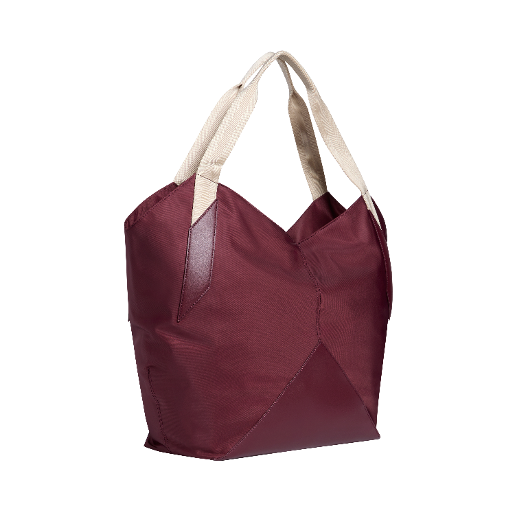 Maroon tote bag with beige handles on a white background