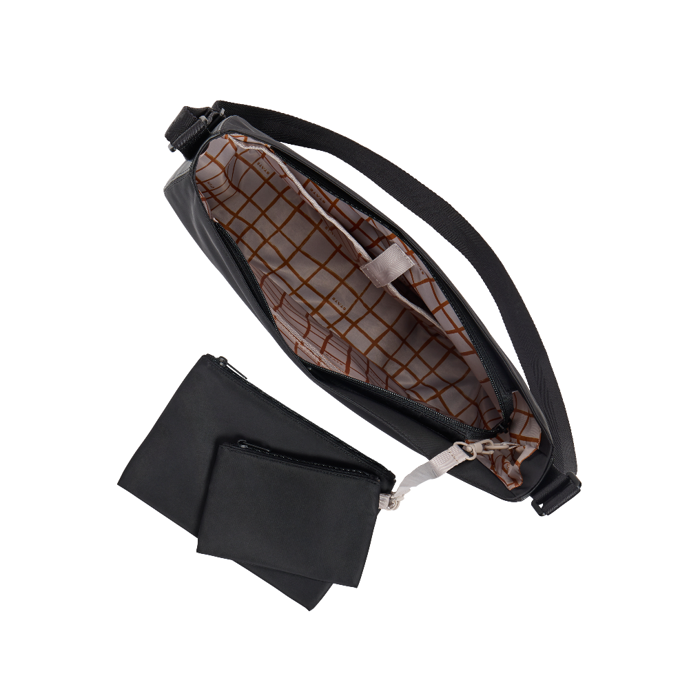 Black waist bag with brown interior and a black pouch on a white background
