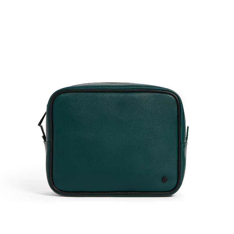 A dark green leather crossbody bag with a rectangular shape and rounded corners, shown against a plain white background.