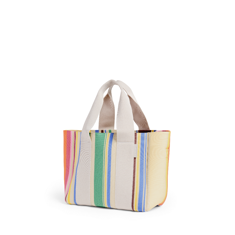 Striped tote bag with colorful pattern on a white background