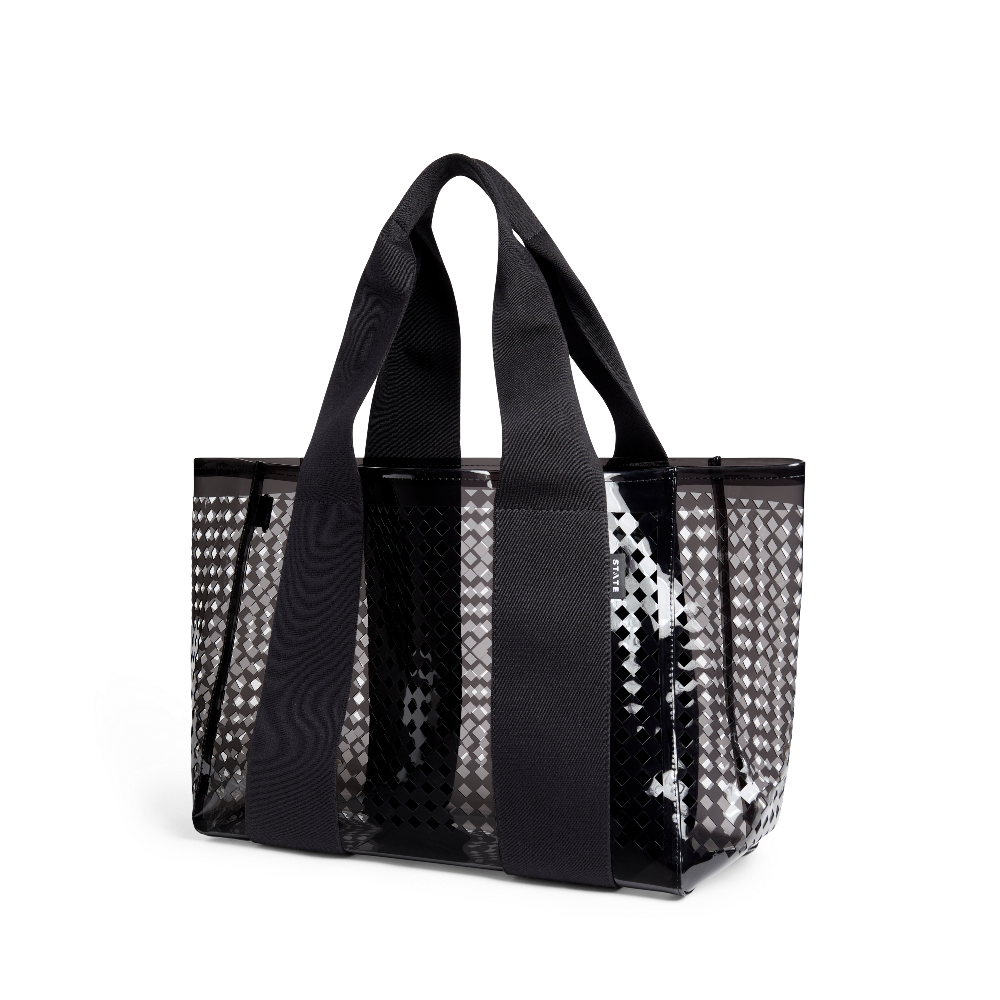 Black tote bag with clear sequin sides on a white background