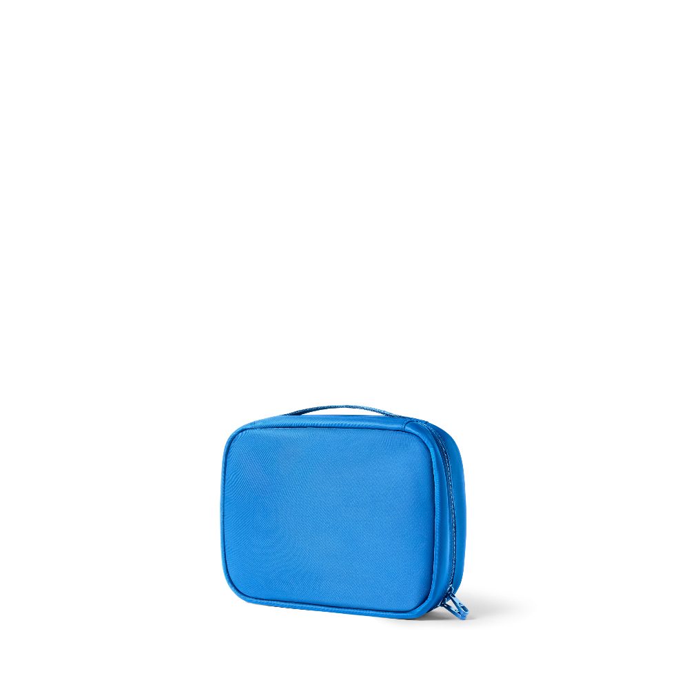 Blue rectangular pouch with a zipper on a white background