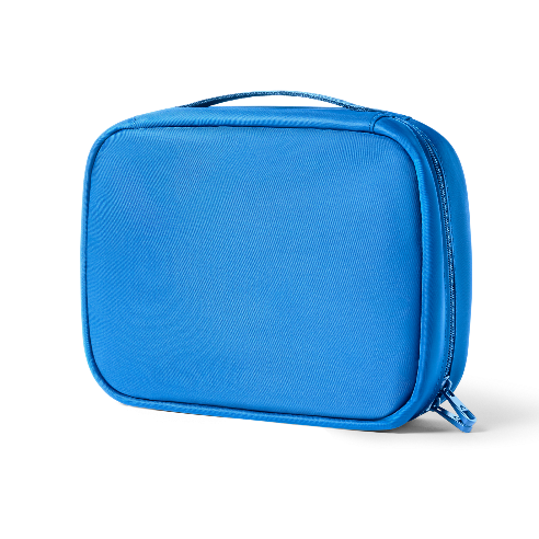 Blue rectangular pouch with a zipper on a white background