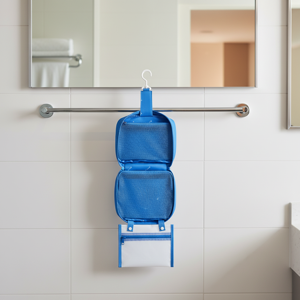 Blue travel toiletry bag with hanging hook and stand on a white background