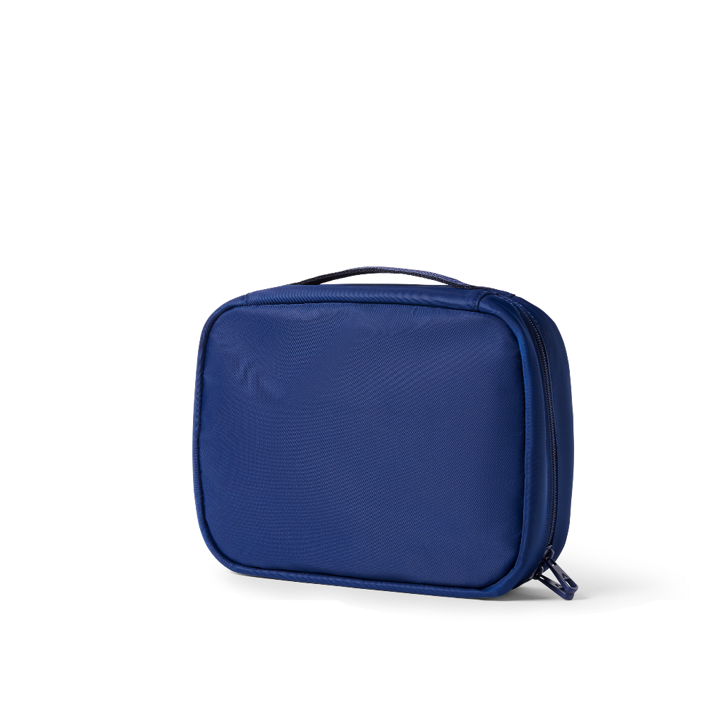 Blue rectangular travel case on a white background