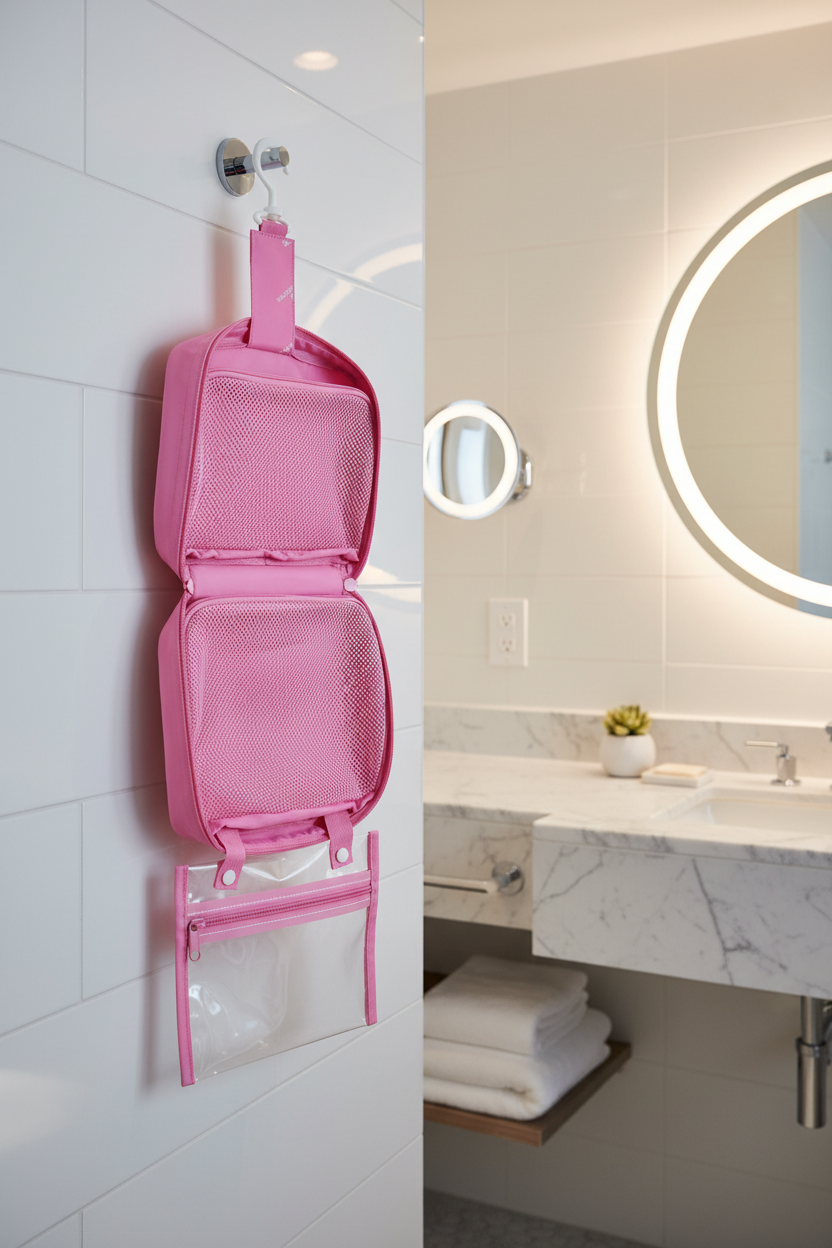 Pink hanging toiletry bag with a clear pouch on a white background