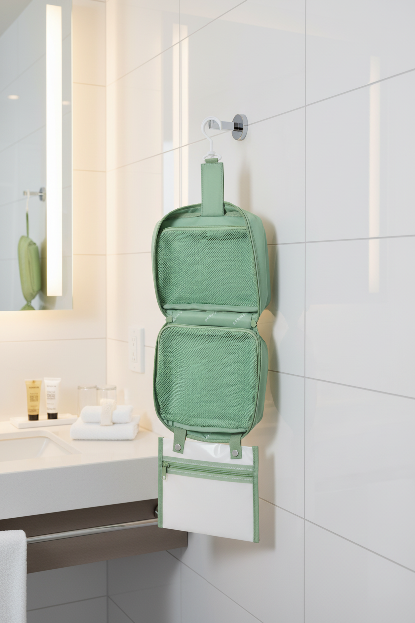 Green hanging toiletry bag with a clear pouch on a white background