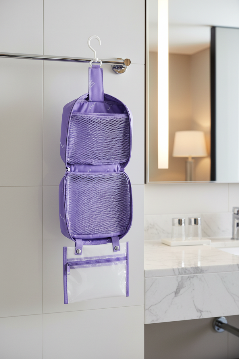 Purple hanging organizer with multiple compartments on a white background