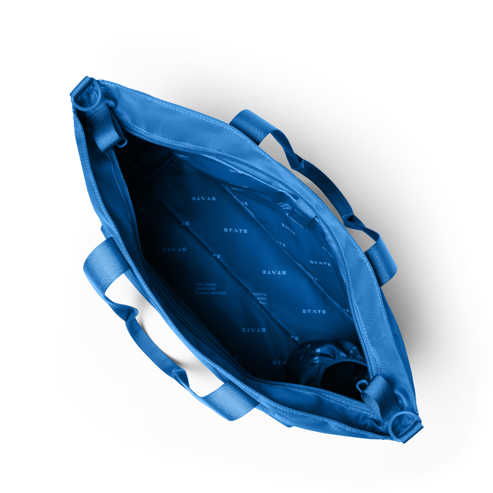 Blue bag with visible branding on a white background