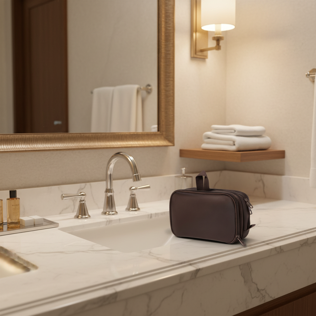 Brown toiletry bag on a white background