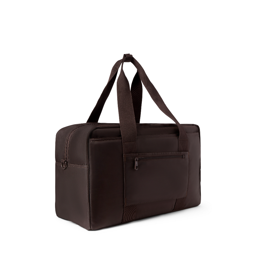 Brown duffel bag with a strap on a white background