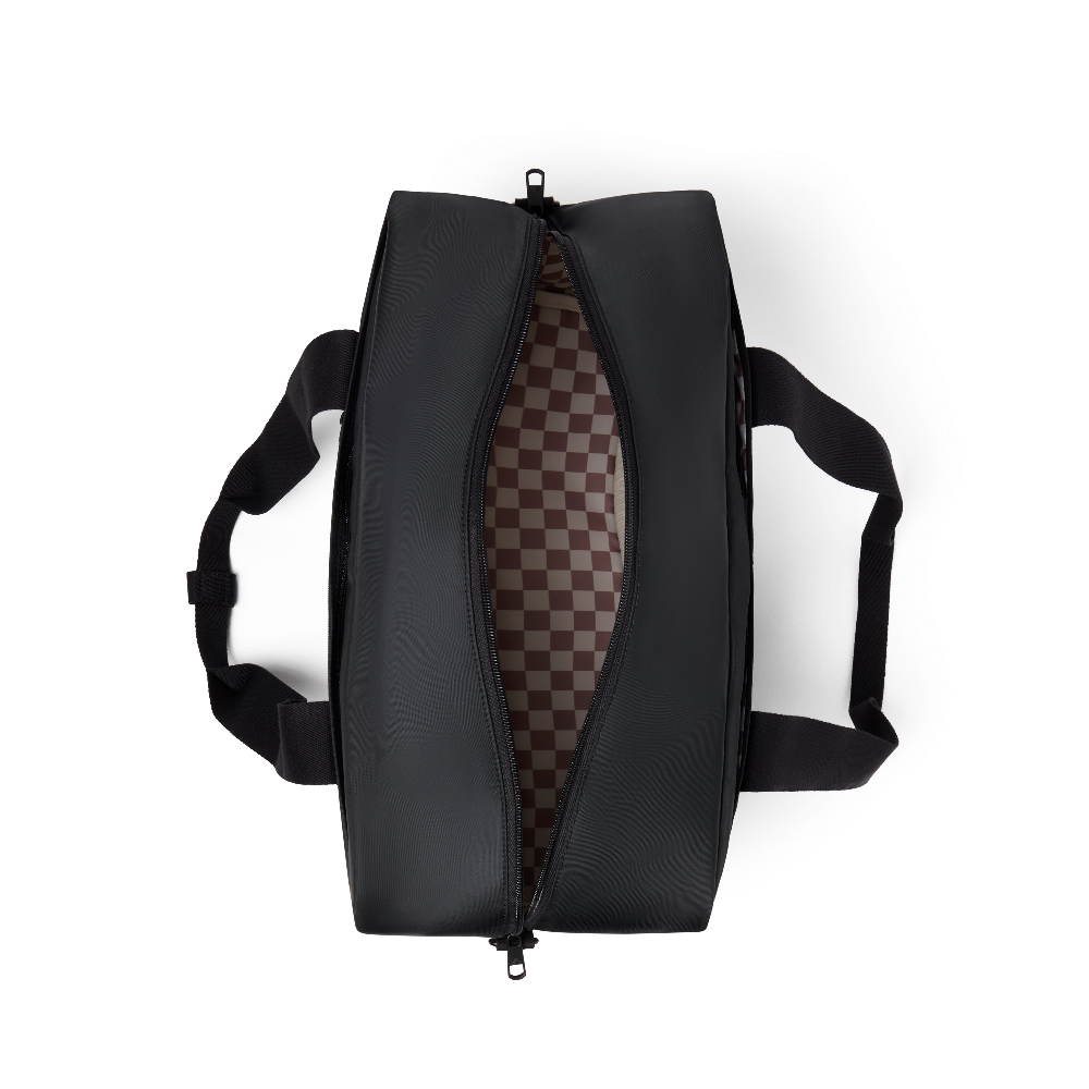 Black duffel bag with a checkered interior on a white background