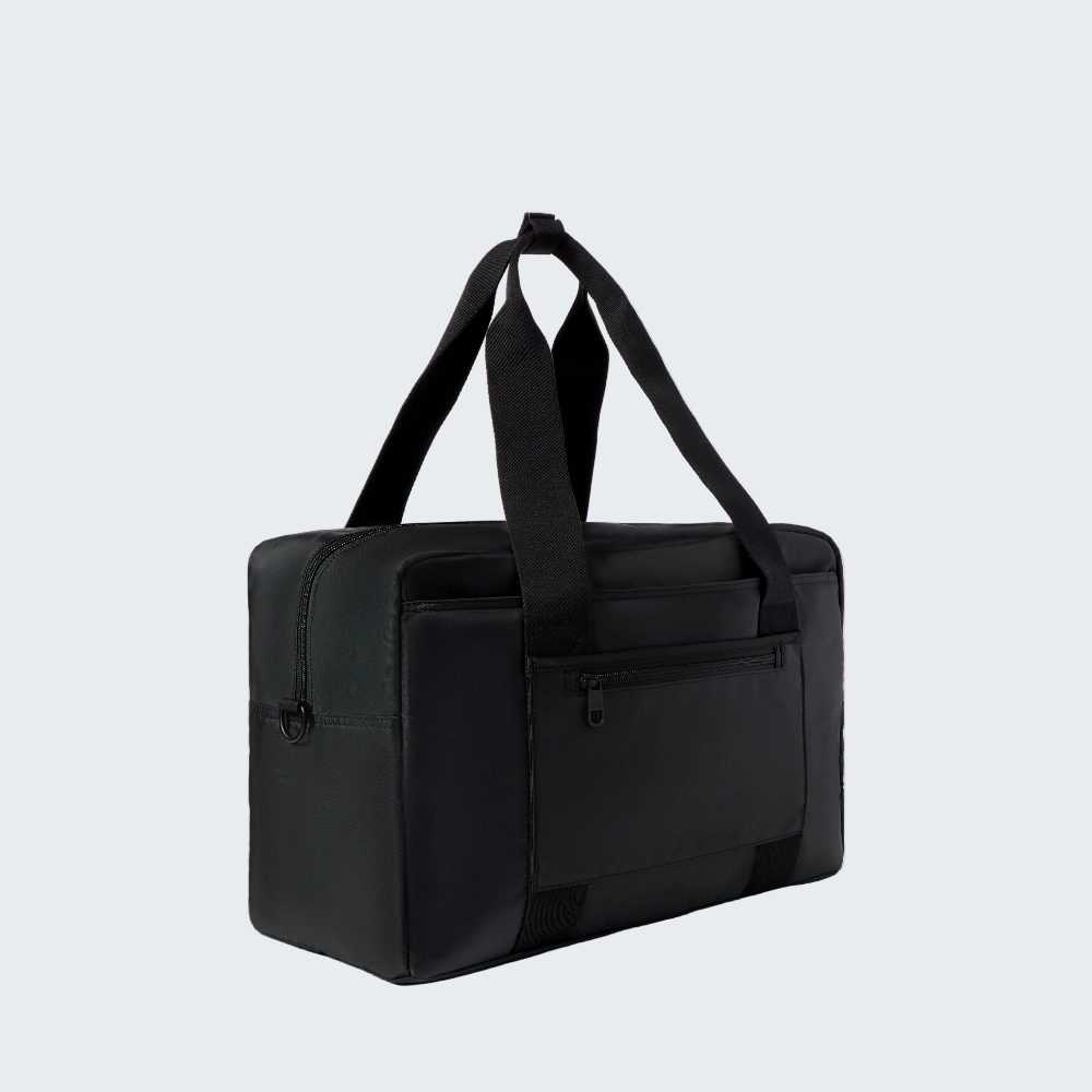 Black duffel bag on a white background