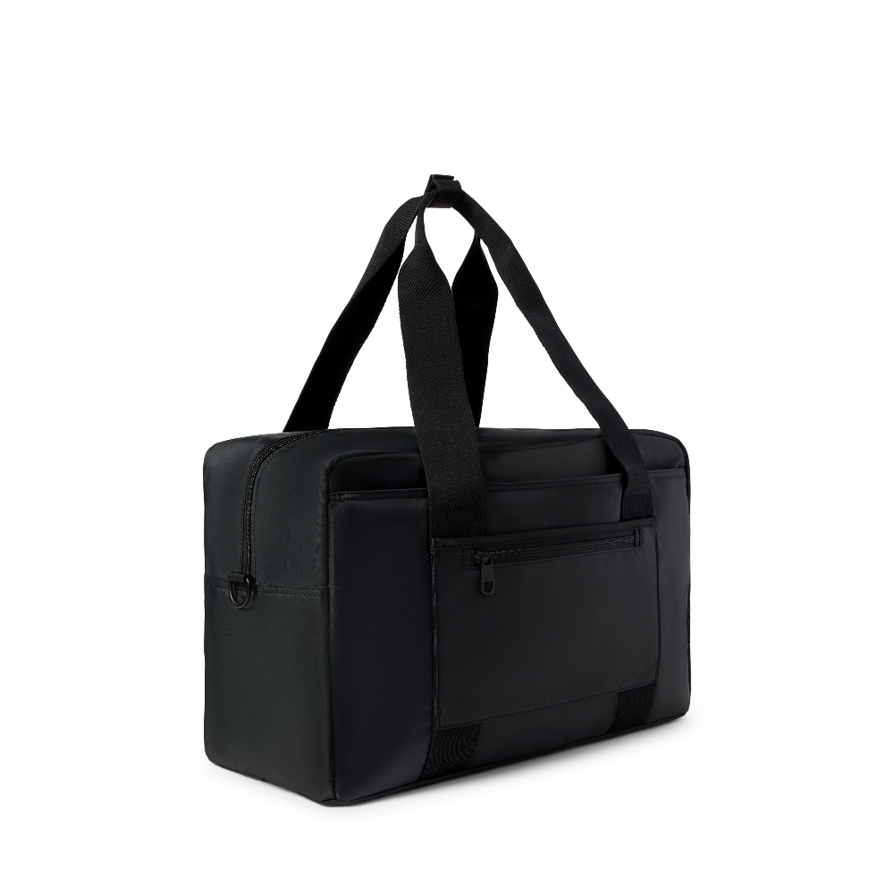 Black duffel bag on a white background