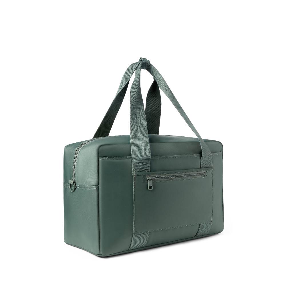 Green duffel bag with a strap on a white background