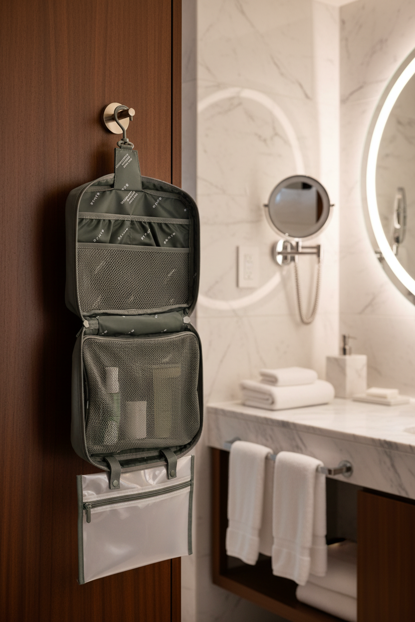 Green hanging toiletry bag with compartments on a white background