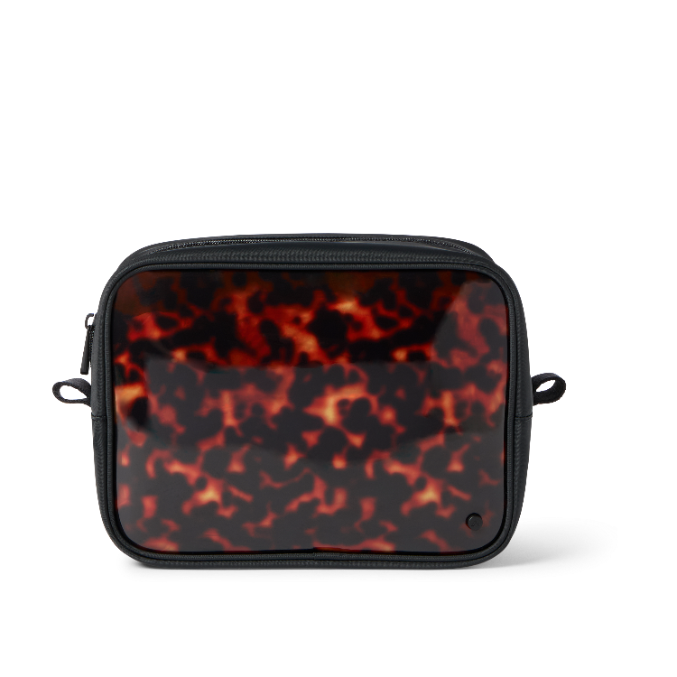 A small rectangular crossbody bag with a glossy black and red tortoiseshell pattern, shown against a plain white background.