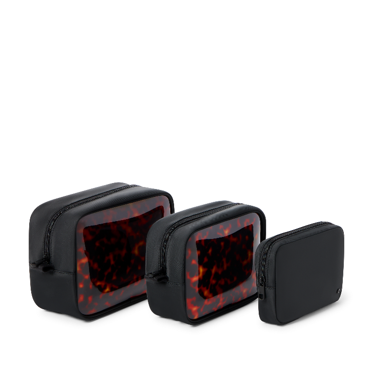 Three rectangular black zippered pouches with a glossy red and black tortoiseshell patterned front window, arranged on a plain white background.