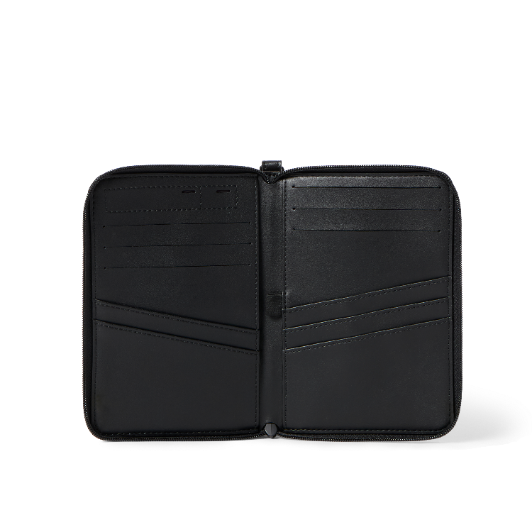 A black leather travel wallet shown open, displaying multiple card slots and interior pockets, set against a plain white background.