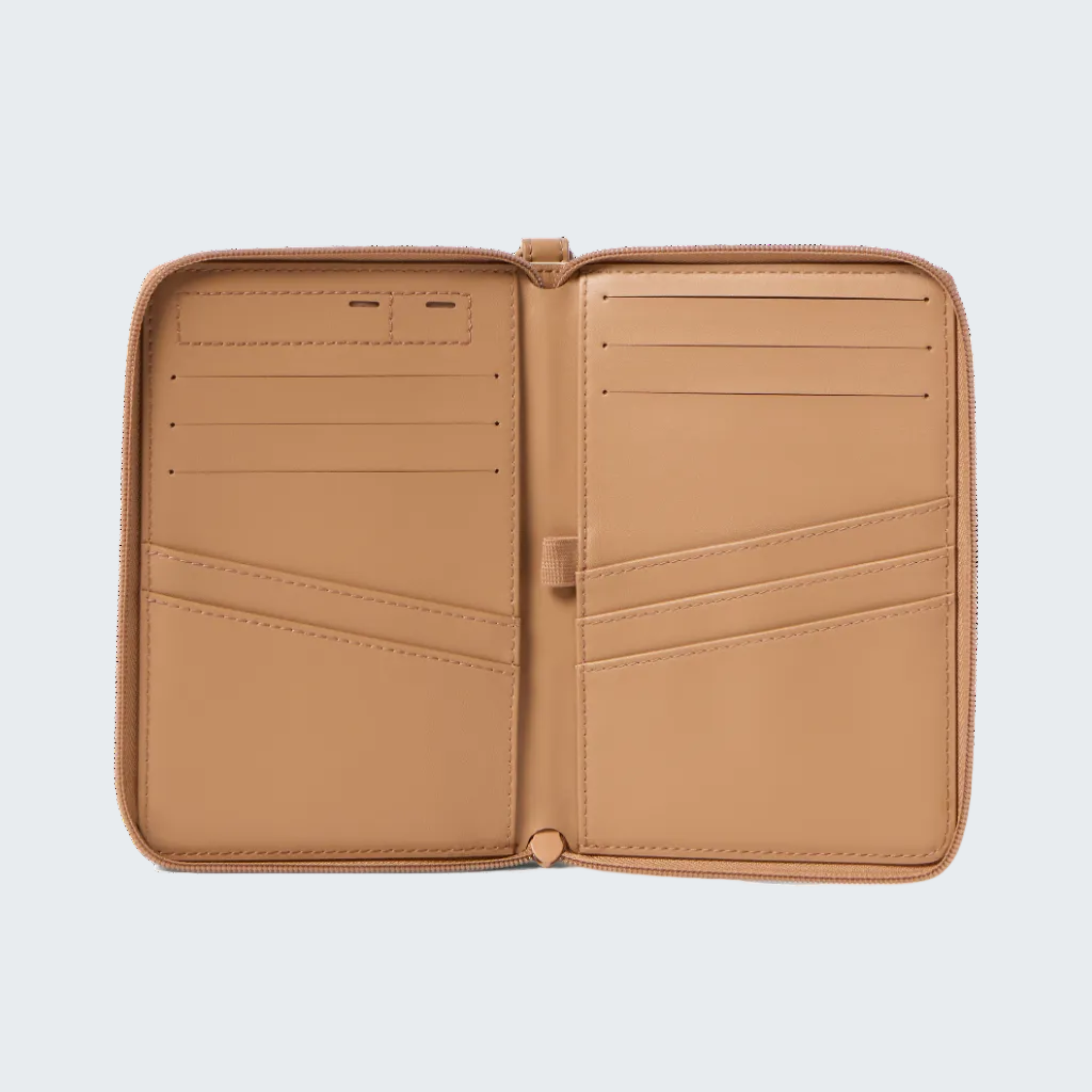 A tan leather zip-around wallet shown open, displaying multiple card slots and interior pockets, set against a solid white background.
