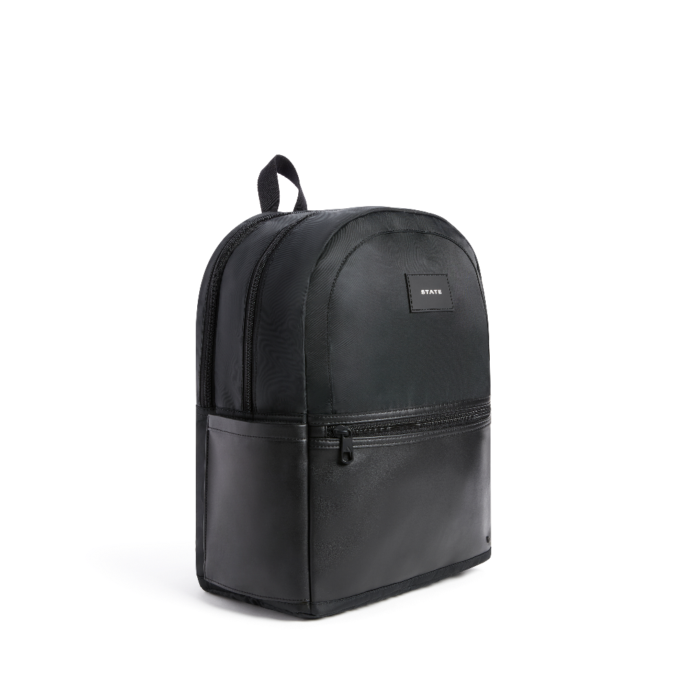 Black backpack with a visible brand logo on a white background