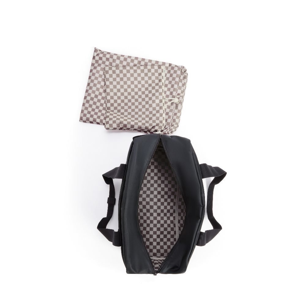 Black backpack with checkered pattern on a white background