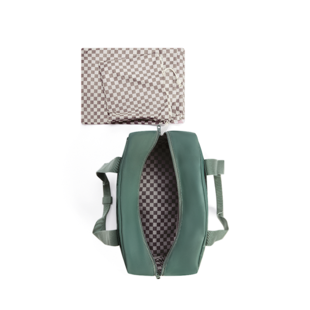 Green bag with a checkered pattern on a white background