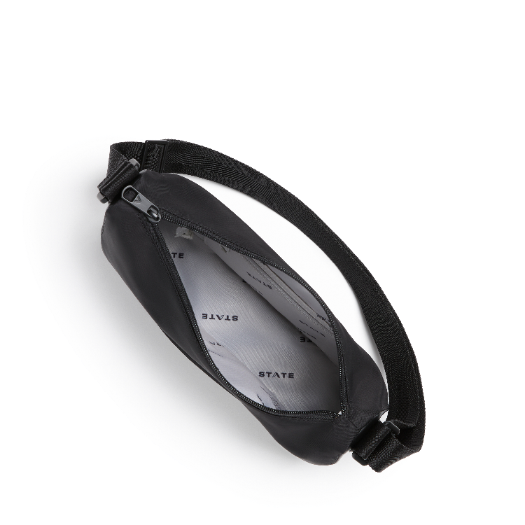 Black waist bag with 'STATE' branding on a white background