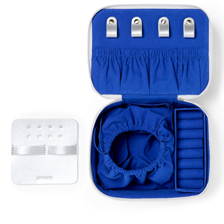 An open blue jewelry organizer case with silver-tone metal rings, elastic bands, and a ring pouch, shown alongside a separate white insert card on a clean white background.