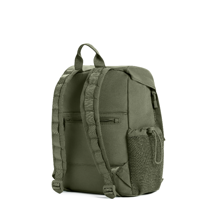 An olive green tactical backpack shown from a three-quarters rear view, featuring padded shoulder straps, a top carry loop, a zippered main compartment, a front zip pocket, and a side mesh pocket, set against a plain white background.