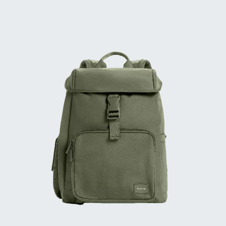 An olive green roll-top backpack with a front zippered pocket and a small 'STATE' brand patch on the bottom right, shown against a plain white background.