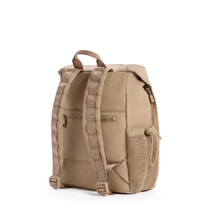 A tan tactical backpack shown from a three-quarter rear angle on a clean white background, featuring padded shoulder straps, a top carry handle, a zippered front pocket, and a side mesh pocket.