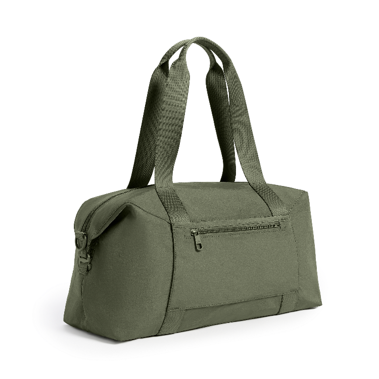 An olive green duffel bag with dual shoulder straps, a front zippered pocket, and a side buckle closure, shown on a clean white background.
