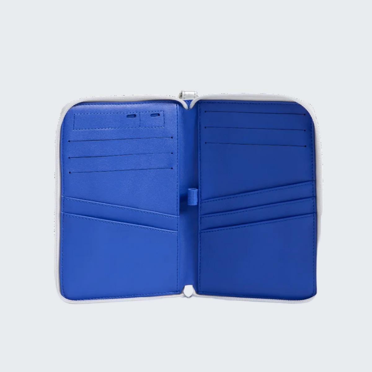 A bright blue leather wallet shown open against a solid white background, displaying multiple card slots and compartments.